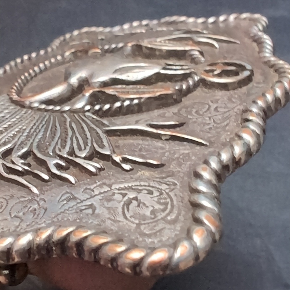 Western/Navajo Style Metal Belt Buckle, Features A Longhorn Skull with Feathers. - Picture 3 of 7